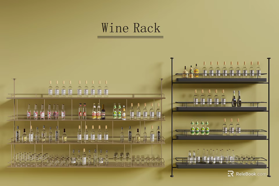 Modern Wine Rack With Multiple Shelves Holding Various Wine Bottles And Glassware 3d model 