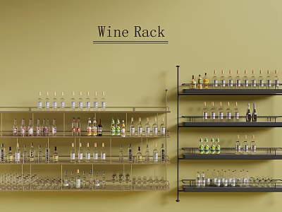 Modern Wine Rack With Multiple Shelves Holding Various Wine Bottles And Glassware 3d model