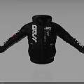 Black Hooded Jacket With White Text Red Patch And Zipper Design