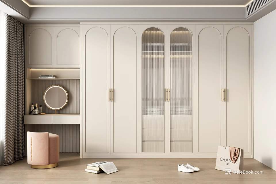 Modern Built-in Wardrobe Design With Glass Doors Dressing Table Mirror And Stool 3d model