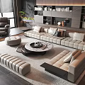 Modern Beige Leather Sofa and Round Coffee Table Set With Living Room Decor And Bookshelf
