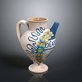 Carved Vase Sculpture With Blue Yellow Decorative Patterns Wave Designs And OCEAN Lettering