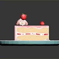 Pink Cake Slice With Fresh Strawberries Cream And Green Leaves On Blue Plate