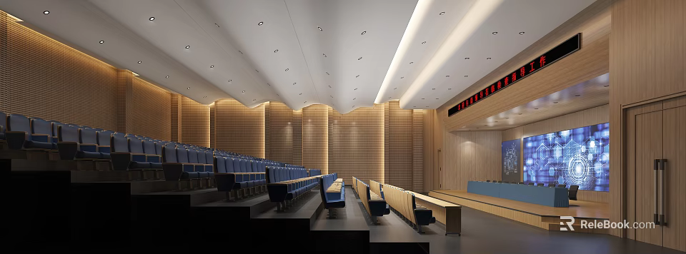 Modern Conference Room Interior With Blue Seats Wooden Walls Podium And Ceiling Lights 3d model 