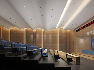 Modern Conference Room Interior With Blue Seats Wooden Walls Podium And Ceiling Lights 3d model