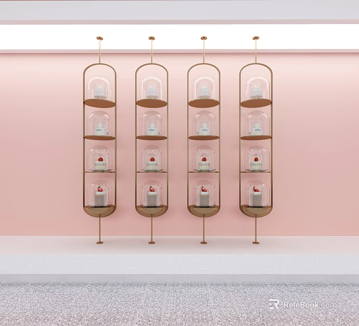 Modern Hanging Display Shelves with Glass Layers and Cakes on Pink Background 3d model 