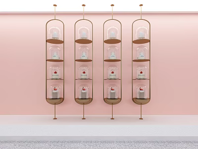 Modern Hanging Display Shelves with Glass Layers and Cakes on Pink Background 3d model