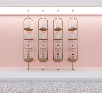 Modern Hanging Display Shelves with Glass Layers and Cakes on Pink Background 3d model