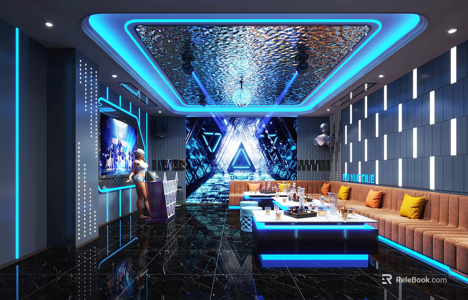 Modern KTV Lounge Interior With Blue Lighting Mirrored Ceiling LED Screen And Orange Sofas 3d model 