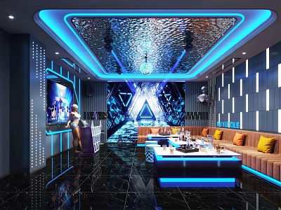 Modern KTV Lounge Interior With Blue Lighting Mirrored Ceiling LED Screen And Orange Sofas 3d model