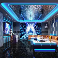 Modern KTV Lounge Interior With Blue Lighting Mirrored Ceiling LED Screen And Orange Sofas 3d model