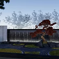 Modern Landscape Feature Wall With Waterfall Red Tree Rocks And Curved Path 3d model