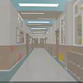 Elevator Corridor With Wooden Ceiling Slats Recessed Lighting Colorful Wall Dots And Storage Shelves