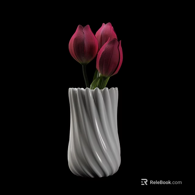 Elegant White Ribbed Vase With Pink Tulips Against Black Background 3d model 