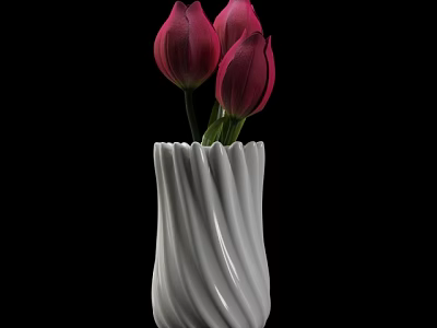 Elegant White Ribbed Vase With Pink Tulips Against Black Background 3d model