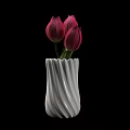 Elegant White Ribbed Vase With Pink Tulips Against Black Background