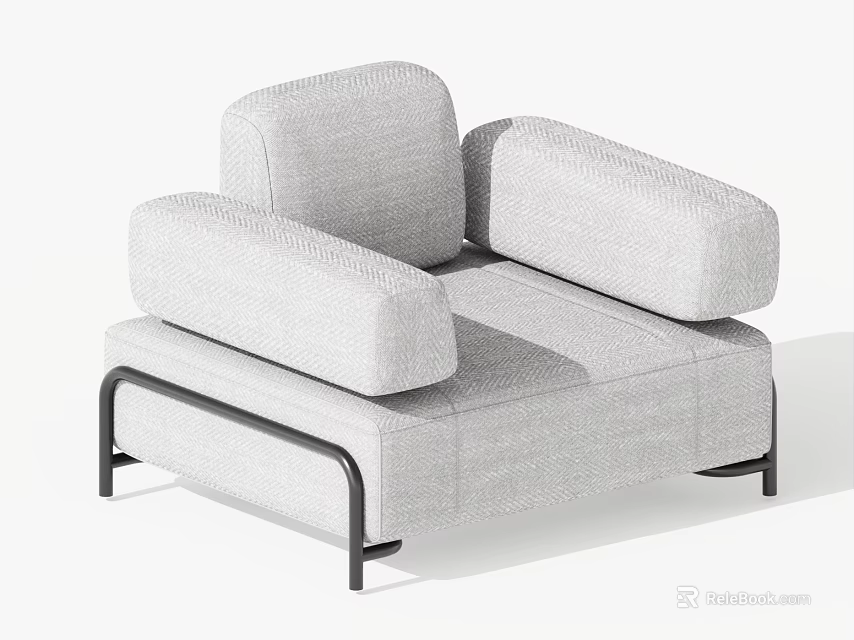Light Gray Fabric Single Sofa With Square Arms And Black Metal Legs 3d model 