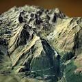 Scenic Mountain Landscape with Detailed 3D Topographic Features Peaks Valleys and Blue Lakes