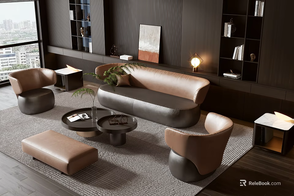 Modern Living Room Sofa Coffee Table Set With Leather Armchairs Ottoman And Potted Plant 3d model 