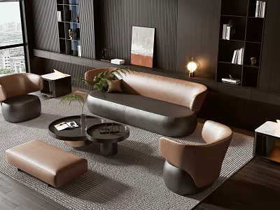 Modern Living Room Sofa Coffee Table Set With Leather Armchairs Ottoman And Potted Plant 3d model