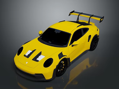 Yellow Sports Car With Rear Wing Black Wheels And White Stripes Sporty Design 3d model