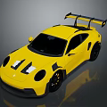Yellow Sports Car With Rear Wing Black Wheels And White Stripes Sporty Design