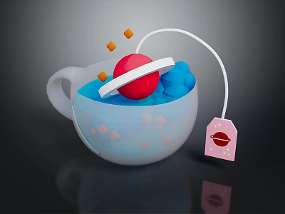 Colorful Teacup With Blue Liquid Red Ball Orange Pieces And Lips Teabag Tag 3d model