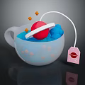 Colorful Teacup With Blue Liquid Red Ball Orange Pieces And Lips Teabag Tag