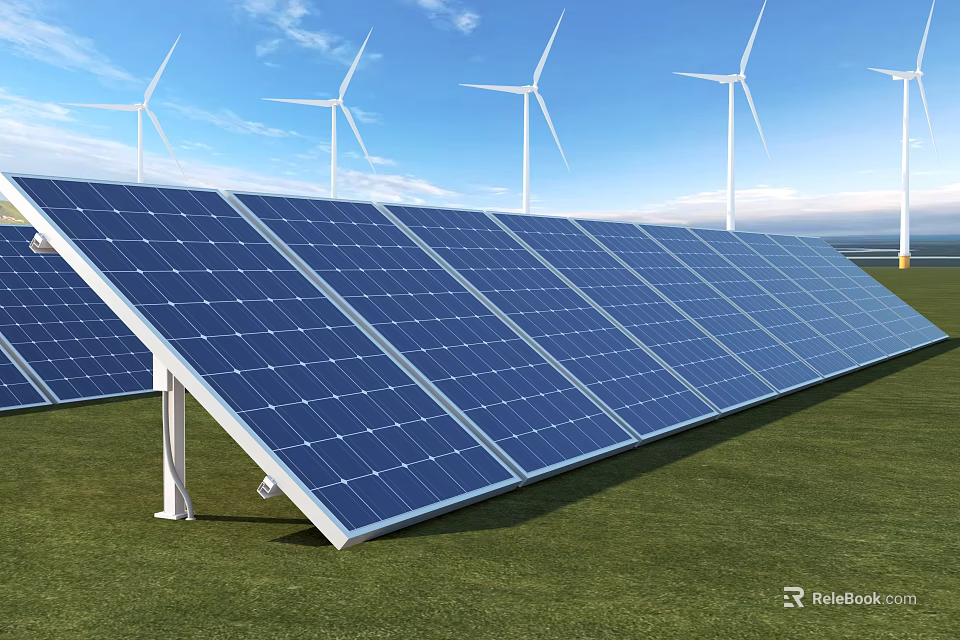 Large Solar Panels And Wind Turbines In Green Field For Renewable Energy 3d model 