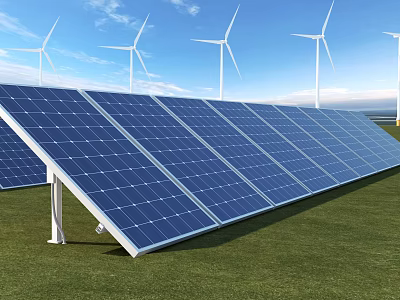 Large Solar Panels And Wind Turbines In Green Field For Renewable Energy 3d model