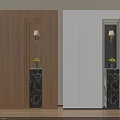Wooden And White Entryway Cabinet With Marble Side Cabinet Wall Lamp And Potted Plant