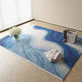 Square Blue White Wavy Pattern Rug With Vase Handbag And Newspaper On Wooden Floor
