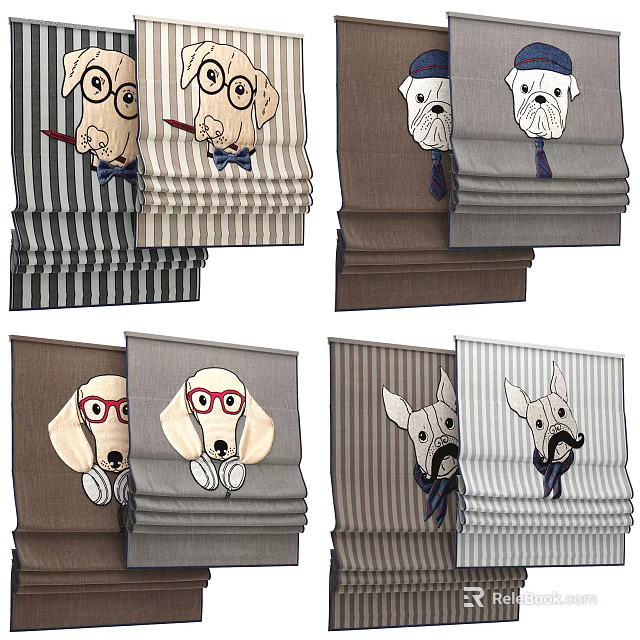 Cute Cartoon Dog Pattern Window Blinds with Striped Design Brown Gray for Home Interior 3d model