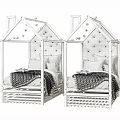 Blue House Shaped Kids Bed With Upholstered Headboard Colorful Pillows Yellow Blanket And White Nightstand