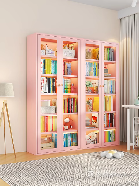 Soft Pink Glass Door Bookshelf Storage Cabinet With Built In Warm Light For Home Organization 3d model 