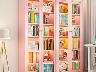 Soft Pink Glass Door Bookshelf Storage Cabinet With Built In Warm Light For Home Organization 3d model