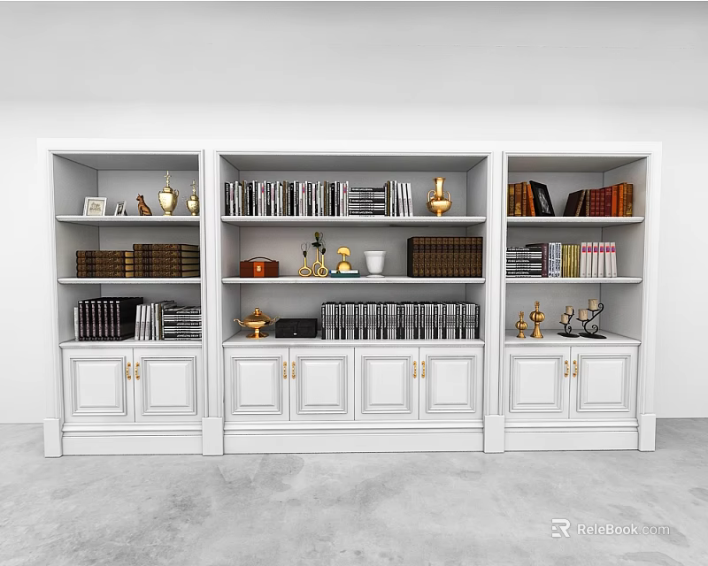 Elegant White Bookcase With Multiple Shelves Books Decorative Vases And Storage Cabinets 3d model 