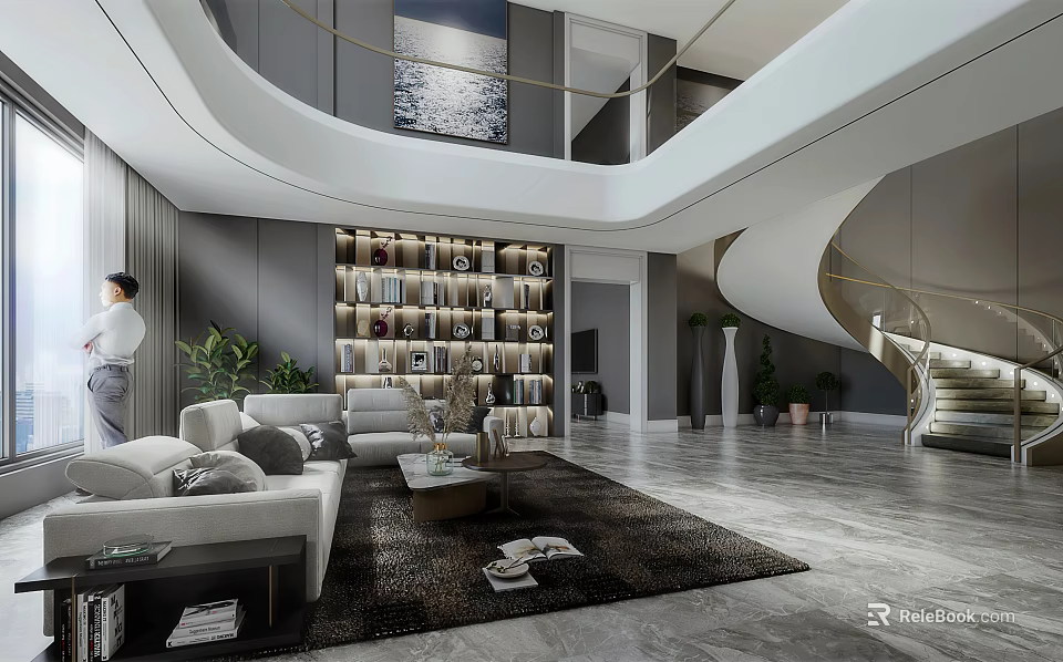 Spacious Duplex Living Room Interior With Bookshelf Wall Sofa Rug And Modern Staircase 3d model 