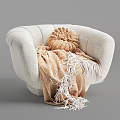White Plush Accent Chair with Knitted Beige Cushion and Tasseled Blanket