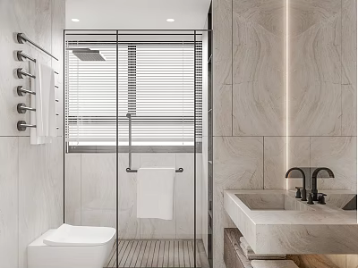 Modern Bathroom Interior Design With Glass Shower Enclosure Window Blinds Wooden Floor And Vanity Sink 3d model