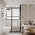 Modern Bathroom Interior Design With Glass Shower Enclosure Window Blinds Wooden Floor And Vanity Sink
