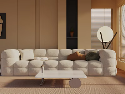 Modern Three Seater Sofa With Plush Cushions And Accent Pillows In Cozy Living Room 3d model