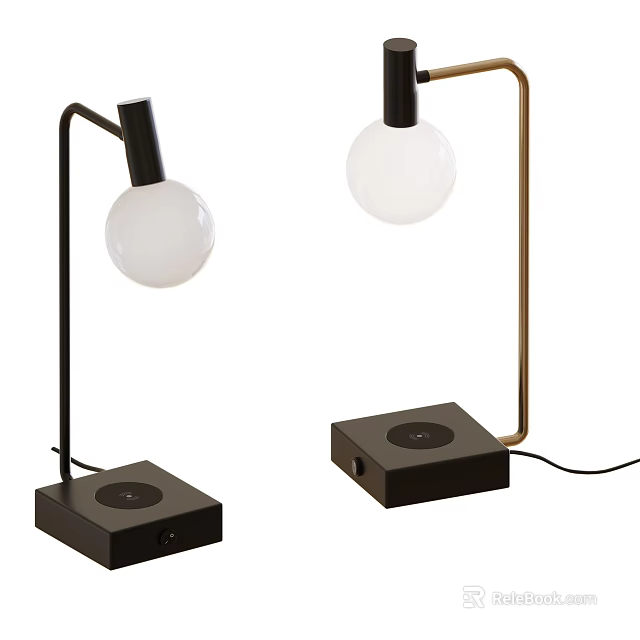 Modern Table Lamp With Black Base Gold Pole And Spherical Bulb Design 3d model