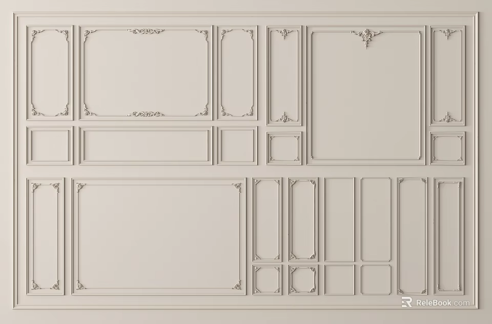 Elegant Paneled Background Wall Design With Symmetrical Sections Decorative Moldings And White Finish 3d model 