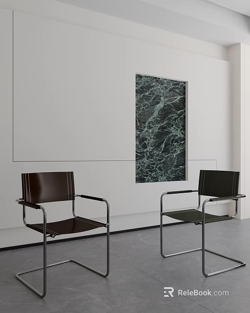 Modern Brown Black Leather Accent Chairs With Metal Frames White Wall Green Marble Artwork Grey Floor 3d model 