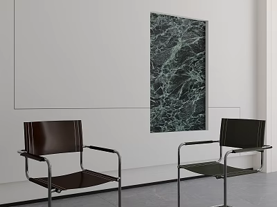 Modern Brown Black Leather Accent Chairs With Metal Frames White Wall Green Marble Artwork Grey Floor 3d model