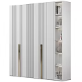 Modern Luxury White Vertical Striped Cabinet With Gold Handles And Bookshelf Decorative Items