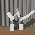 Modern White Abstract Bird Ornament Decor Set On Wooden Tabletop With Dark Vertical Stripe Wall