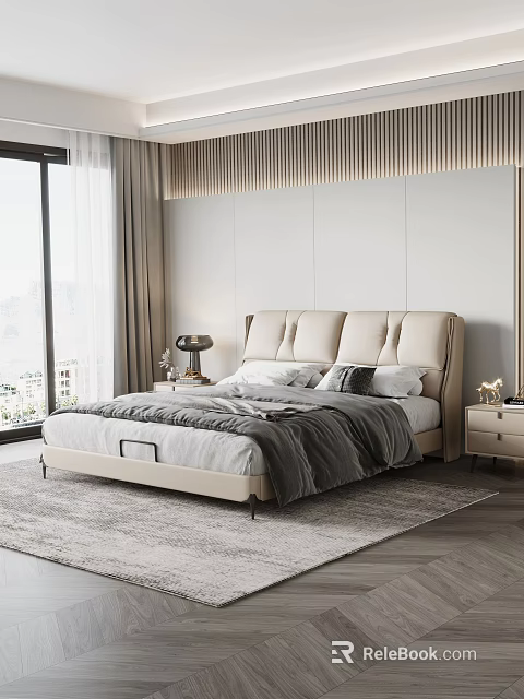 Modern Beige Double Bed With Upholstered Headboard Gray Bedding And City View Window 3d model 