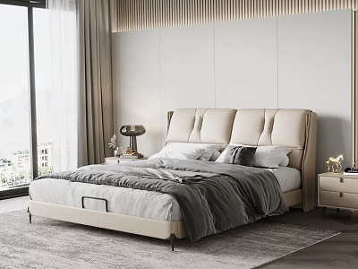 Modern Beige Double Bed With Upholstered Headboard Gray Bedding And City View Window 3d model